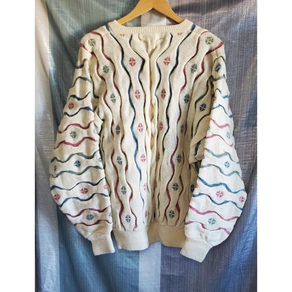 Tulchan 100% Pure New Wool Cardigan Sweater Cream Multicolor Geometric grandma - Picture 2 of 13
